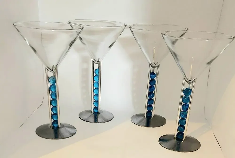 4 Patricia Heaton Bombay Sapphire Martini Glasses Blue Beads 1999 Artglass